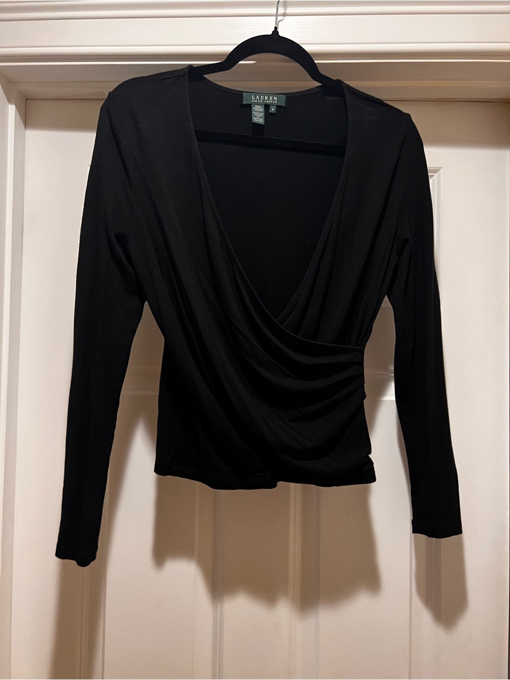 Lauren Ralph Lauren Black Draped Surplice Long Sleeve Top